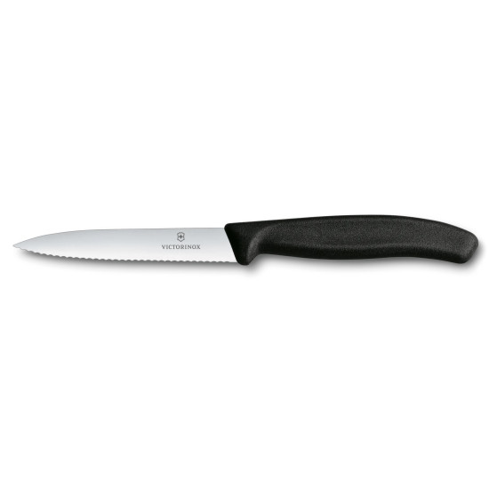 Ніж кухонний Victorinox SwissClassic, 10 см, серейторне лезо, чорний